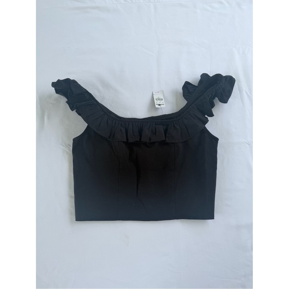 NWT Black Ruffled Square Neck Cropped Linen Women's Sz Small Summer Minimalist